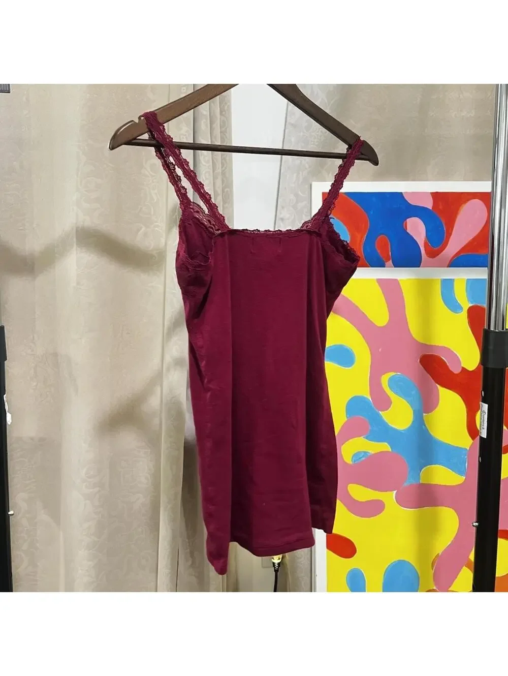 rue21 Women's Burgundy Solid Lace Trim Spaghetti Strap Camisole Top Size L - Picture 3 of 4